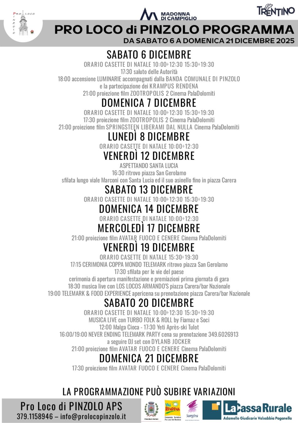 L’inverno è Pinzolo: Programmazione Pro Loco Pinzolo dal 6 al 21 dicembre 2025