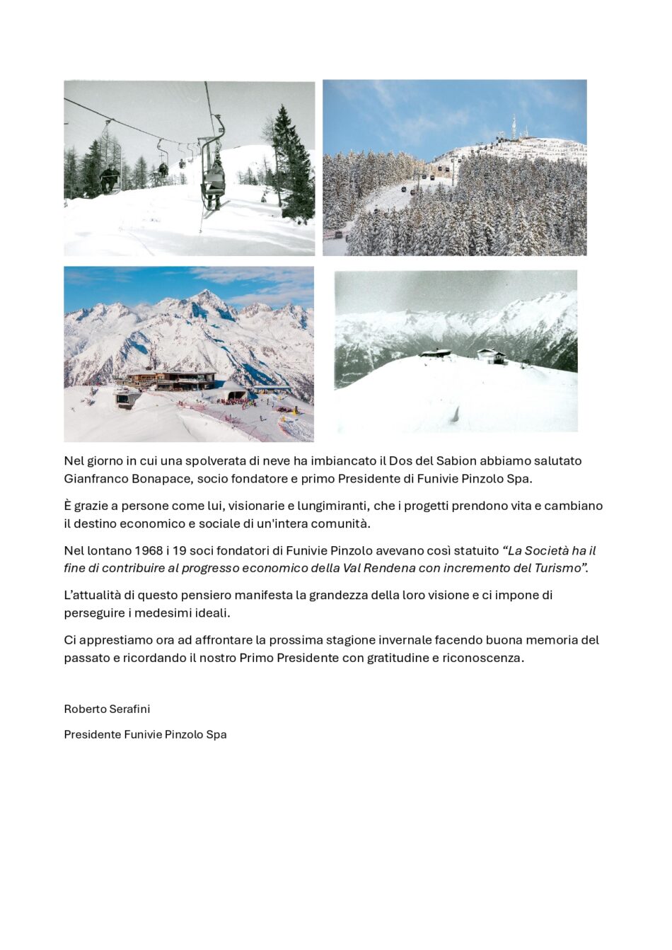 Funivie Pinzolo – Un pensiero di Roberto Serafini a ricordo di Gianfranco Bonapace