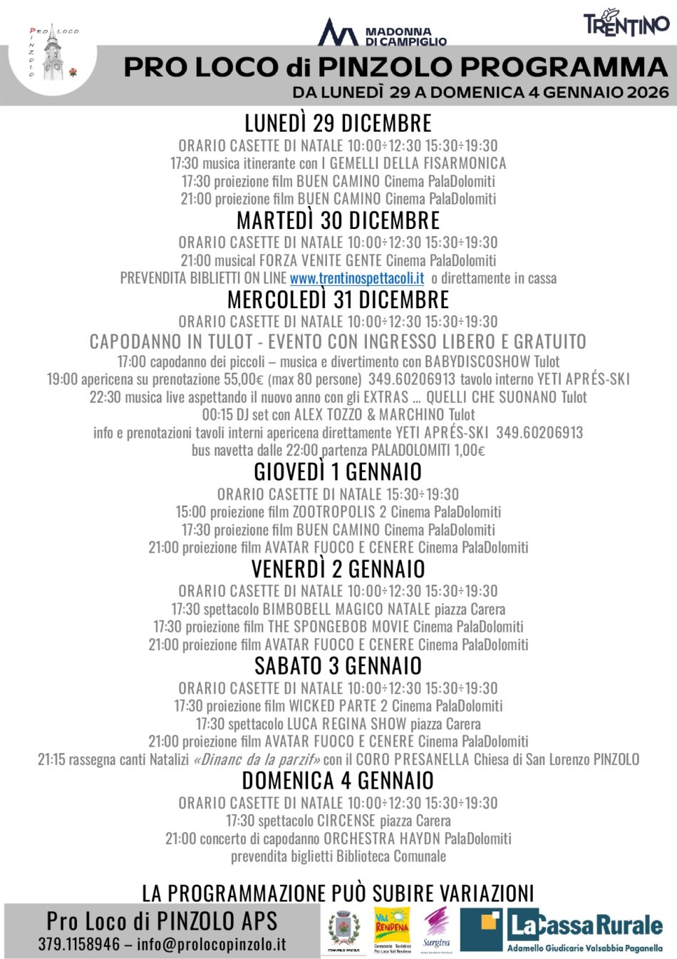 L’inverno è Pinzolo: Programmazione Pro Loco Pinzolo dal 29 dicembre al 4 gennaio 2026