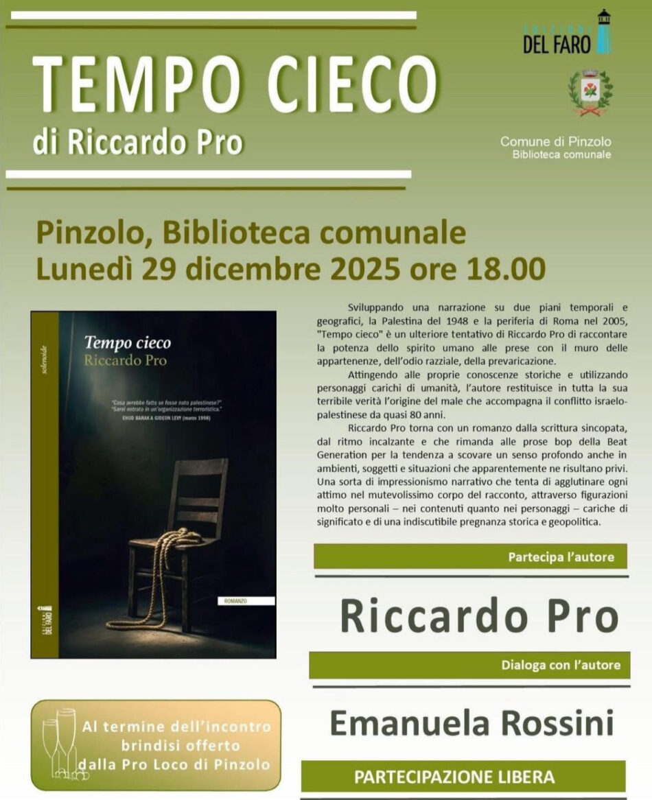 Presentazione del romanzo Tempo cieco di Riccardo Pro, presso la Biblioteca di Pinzolo, 29 dicembre alle ore 18