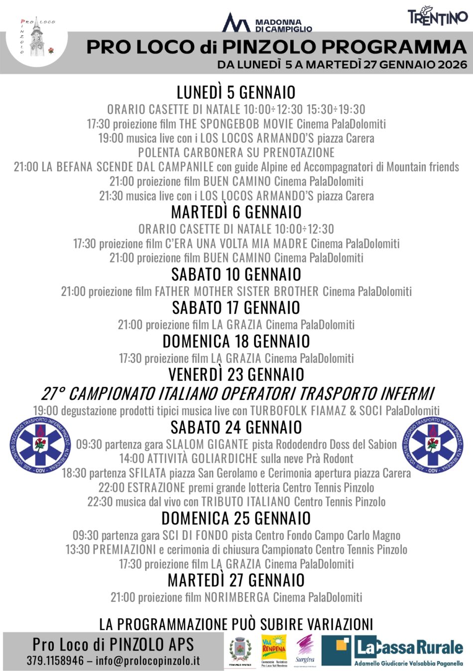 L’inverno è Pinzolo: Programmazione dal 5 al 27 gennaio 2026