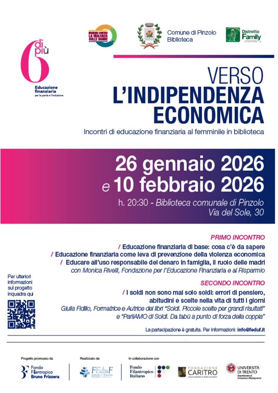Biblioteca Comunale Pinzolo 26 gennaio ore 20.30 “Verso l’indipendenza economica” Incontri di educazione finanziaria al femminile