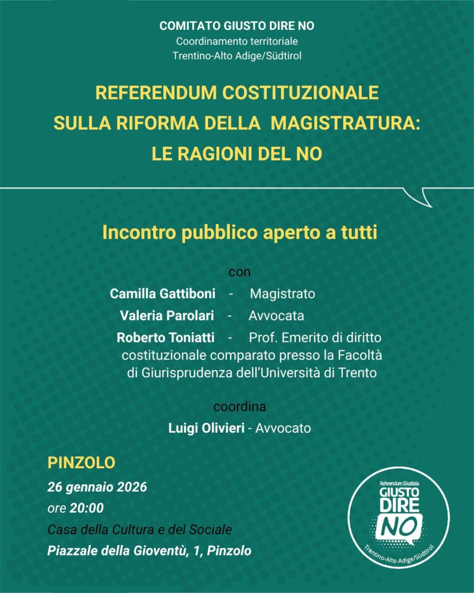 Pinzolo 26 gennaio ore 20 Casa della cultura “Referendum: le ragioni del no”