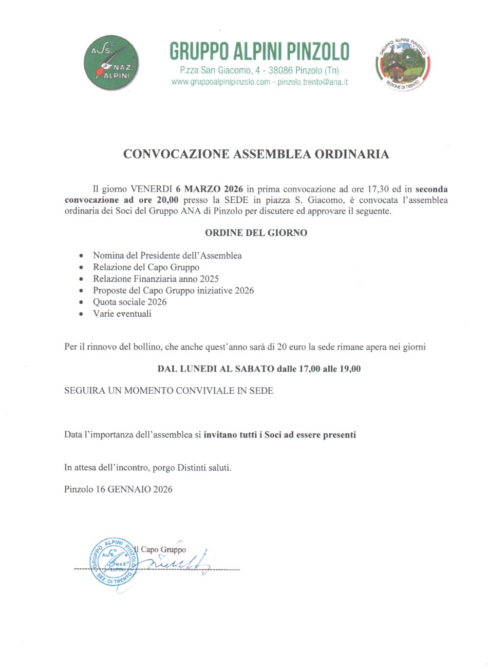 Gruppo Alpini Pinzolo – Convocazione Assemblea Ordinaria