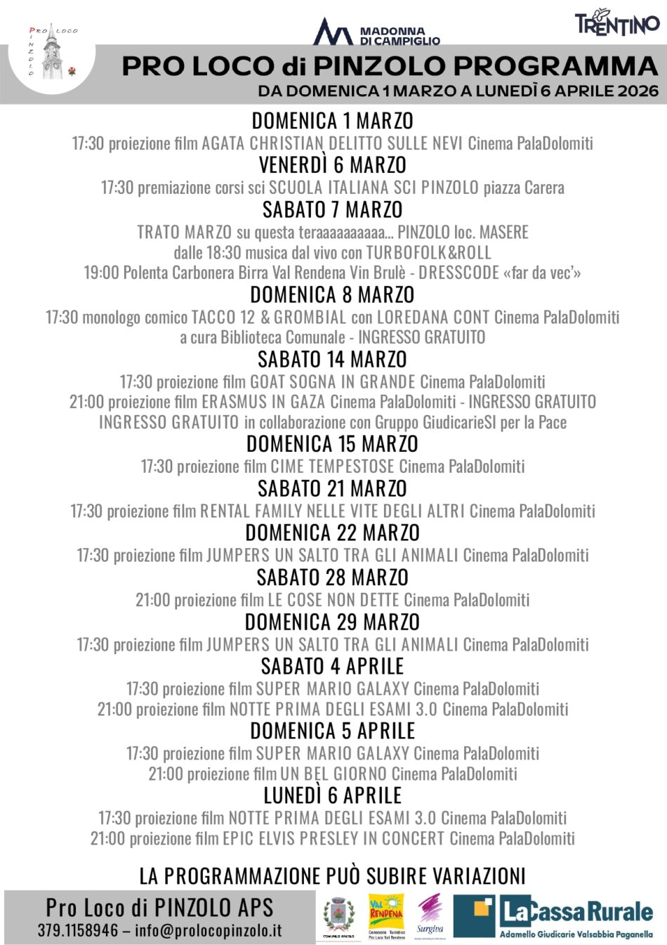 L’inverno è Pinzolo: Programmazione Pro Loco dal 1° marzo al 6 aprile 2026