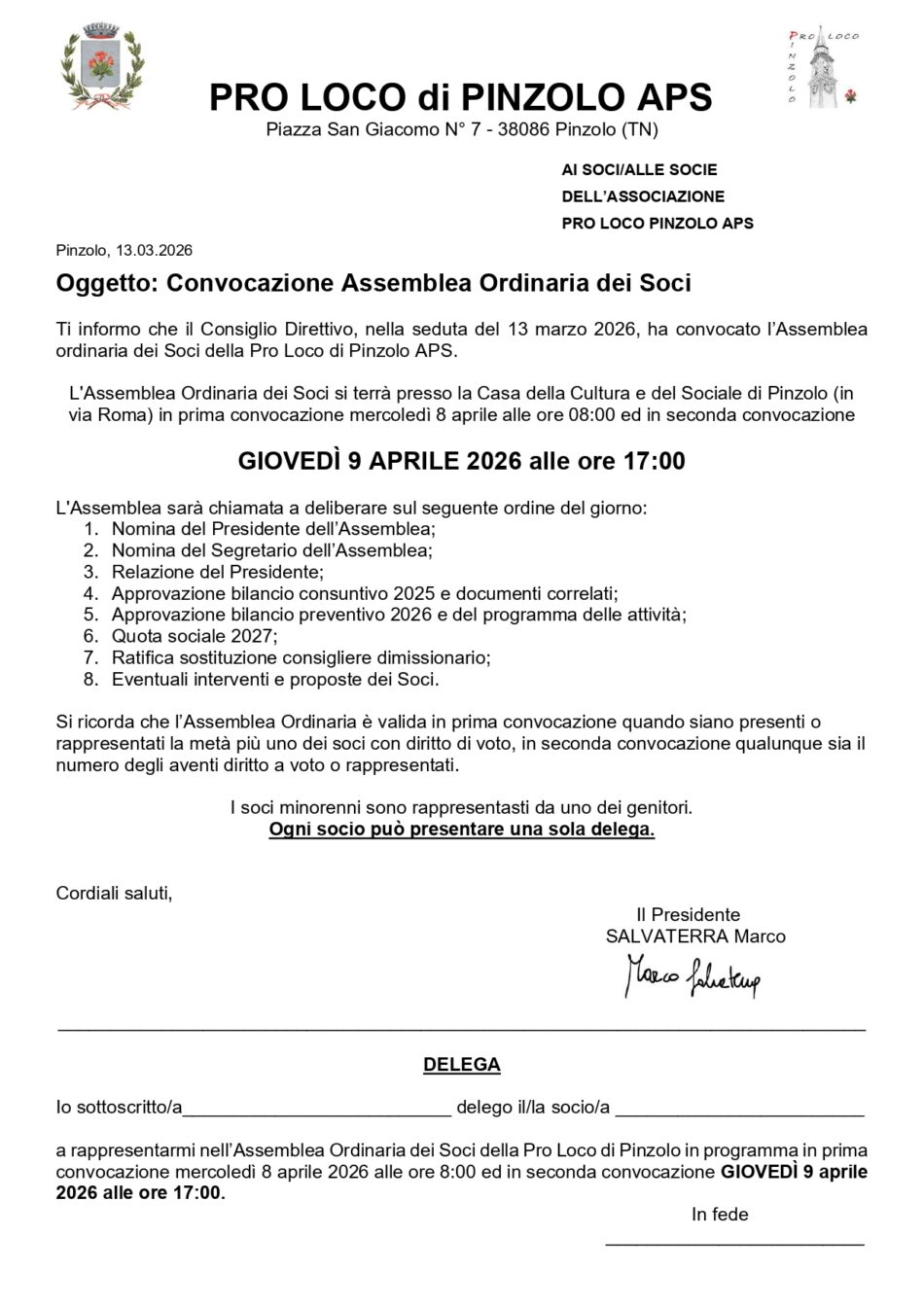 Pro Loco Pinzolo: Convocazione Assemblea ordinaria Giovedì 9 aprile ore 17
