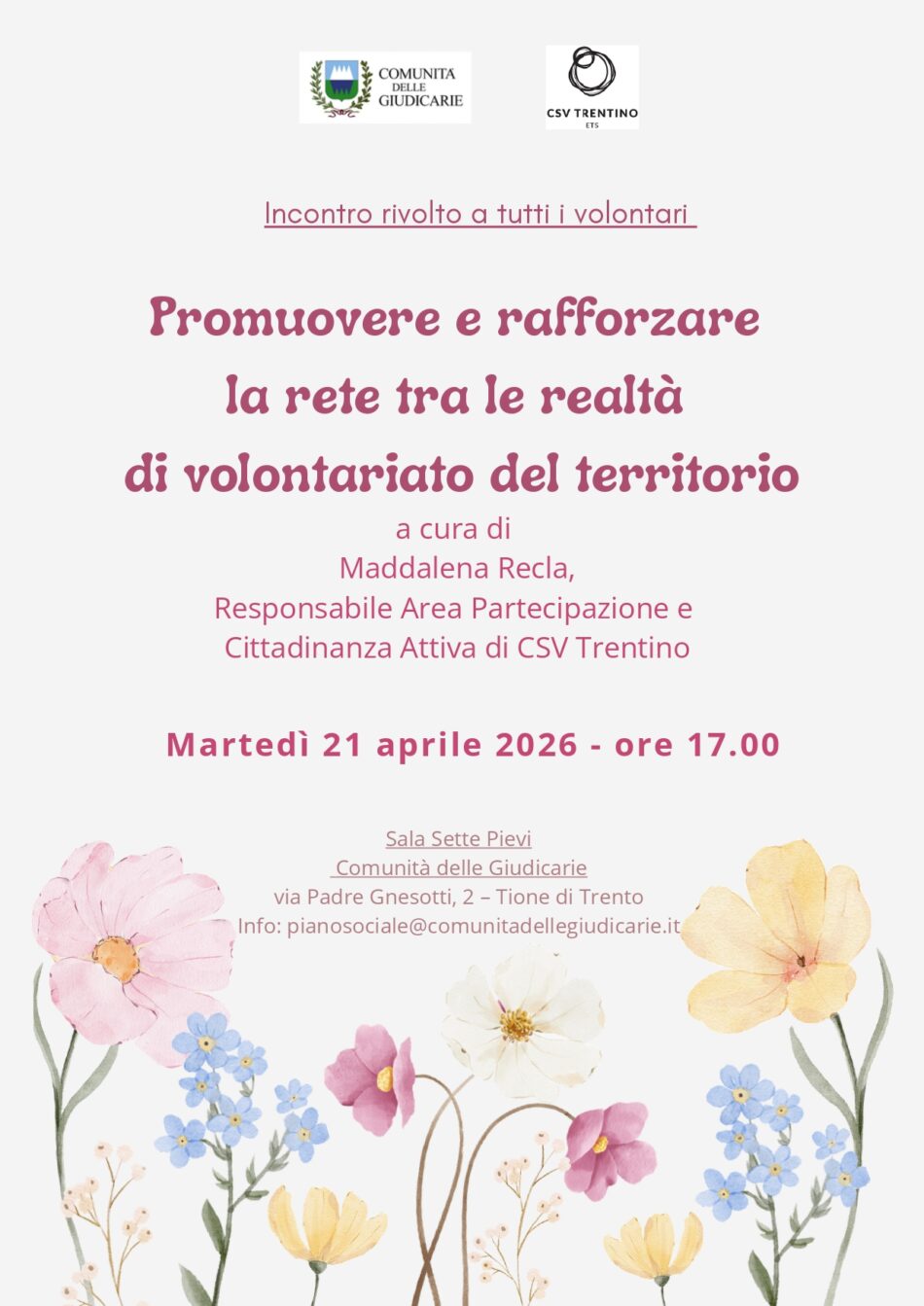 Tione 21 aprile ore 17 “Promuovere e rafforzare la rete tra le realtà  di volontariato del territorio”