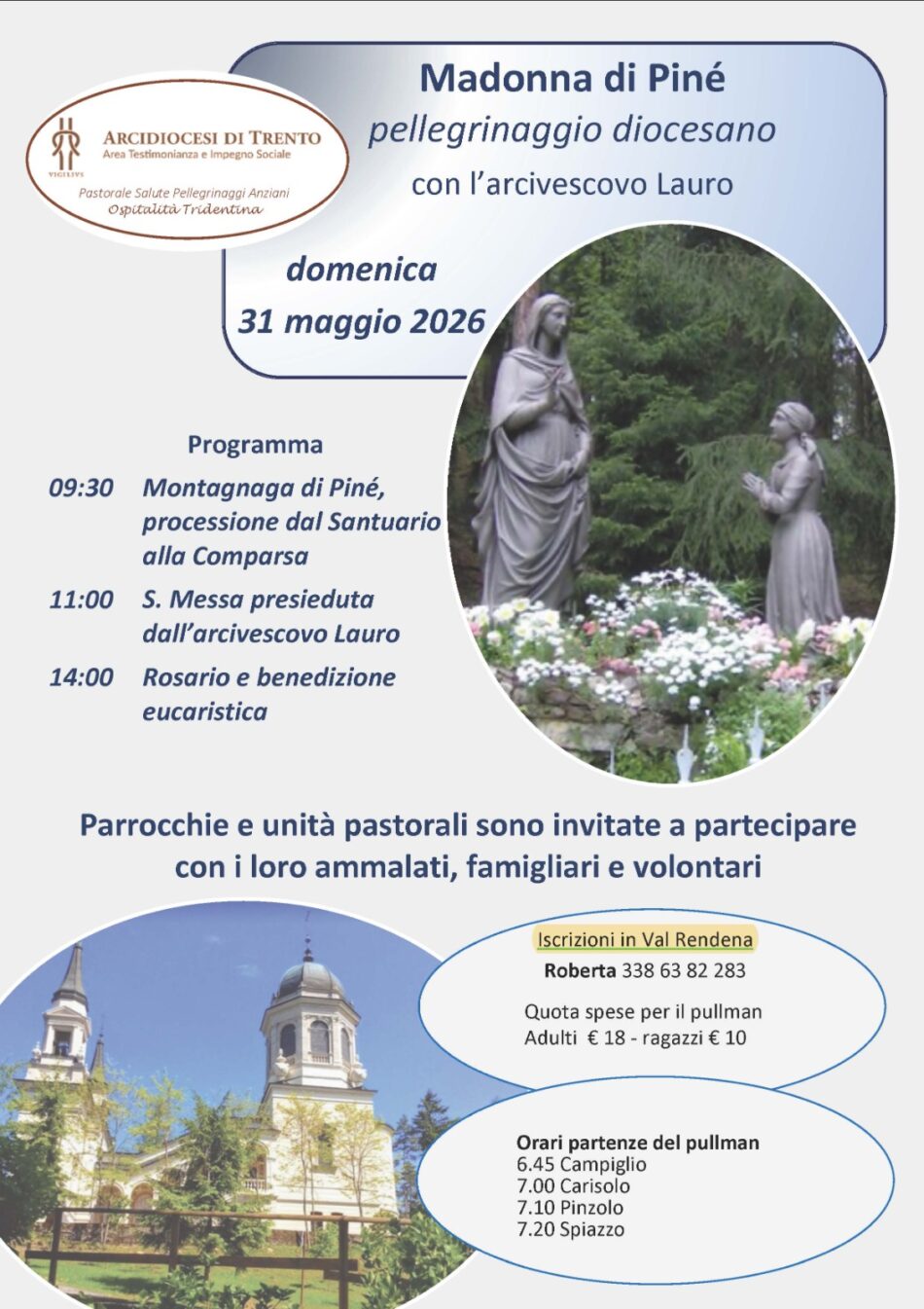 Domenica 31 maggio: Pellegrinaggio alla Madonna di Piné con l’Arcivescovo Lauro