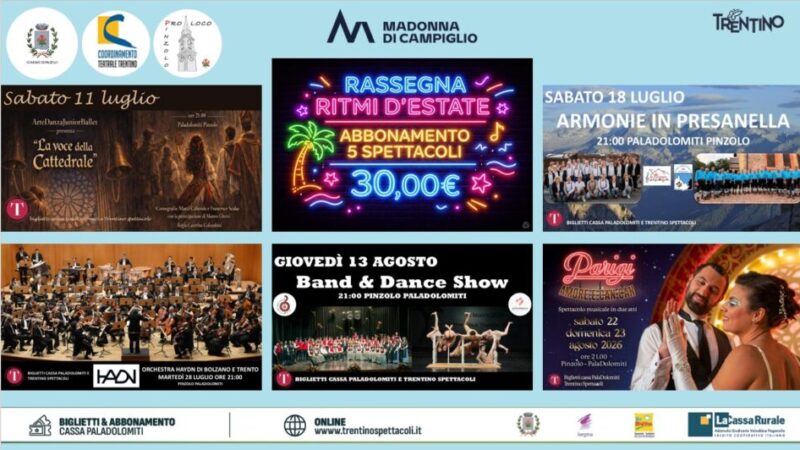 Pinzolo Paladolomiti “Ritmi d’estate” 2026: cinque spettacoli musicali un solo abbonamento