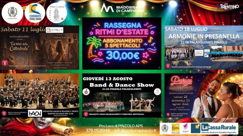 Pinzolo Paladolomiti “Ritmi d’estate” 2026: cinque spettacoli musicali un solo abbonamento
