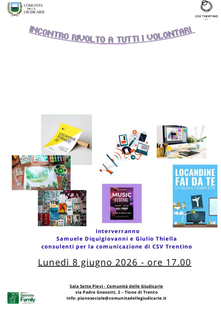 Tione 8 giugno ore 17: Incontro rivolto a tutti i volontari