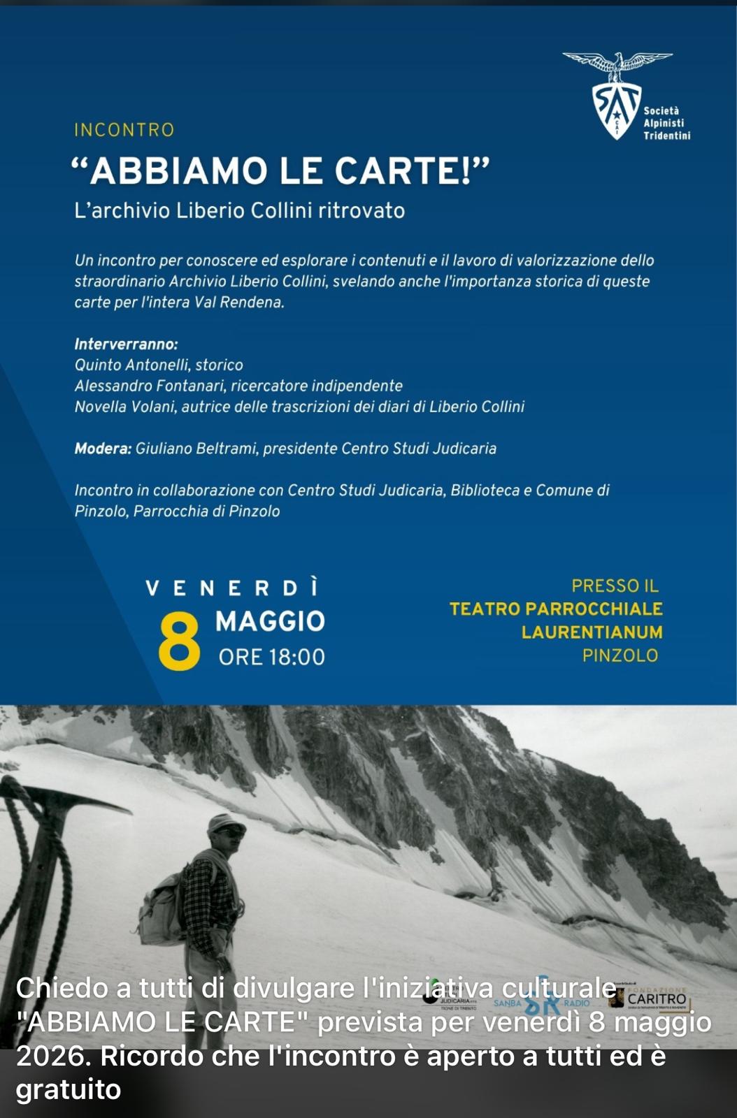 Pinzolo 8 maggio ore 18 Teatro Laurentianum: Incontro “Abbiamo le carte!” L’archivio Liberio Collini ritrovato