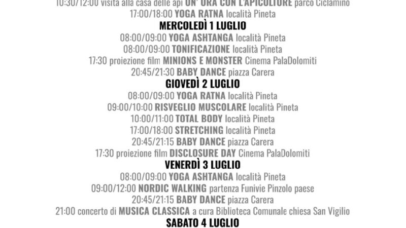Pinzolo Manifestazioni dal Lunedì 29 giugno a Domenica 5 luglio 2026