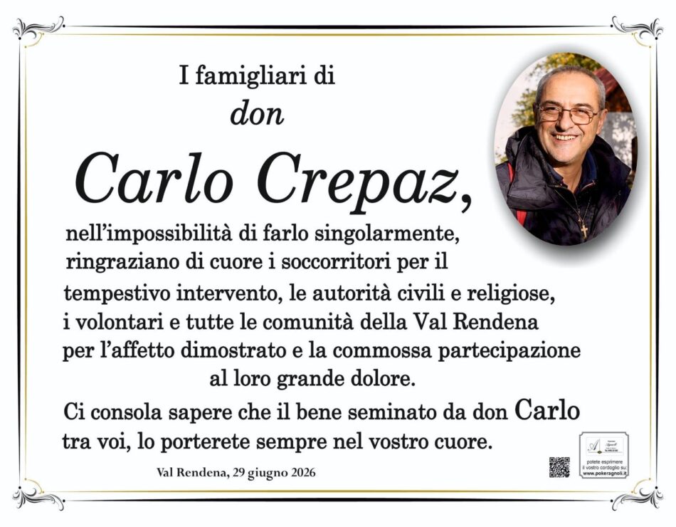 I famigliari di don Carlo Crepaz ringraziano tutte le Comunità della Val Rendena