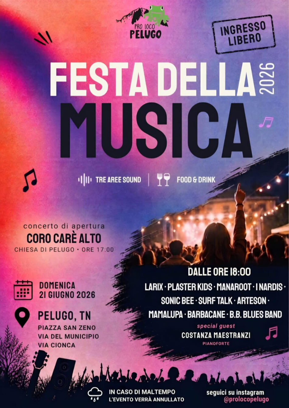 FESTA DELLA MUSICA DOMENICA 21 GIUGNO CON CORO CARE’ ALTO E 10 BAND LOCALI ROCK
