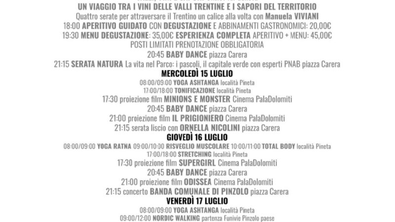 L’estate è Pinzolo: Programmazione Pro Loco Settimana dal 13 al 19 luglio 2026