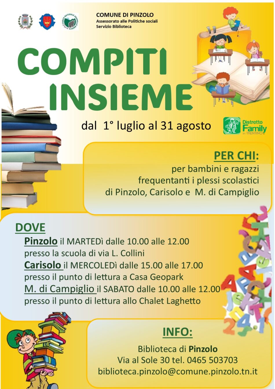 Biblioteca Pinzolo “Compiti insieme” dal 1° luglio al 31 agosto