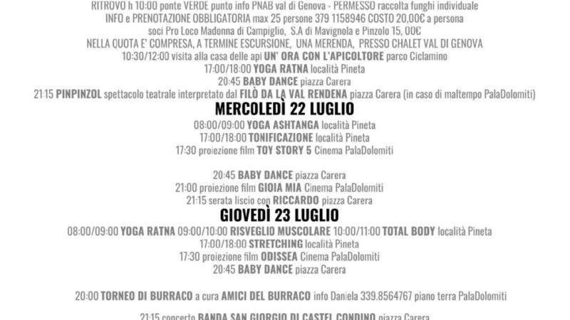 L’estate è Pinzolo: Settimana dal 20 al 26 luglio 2026