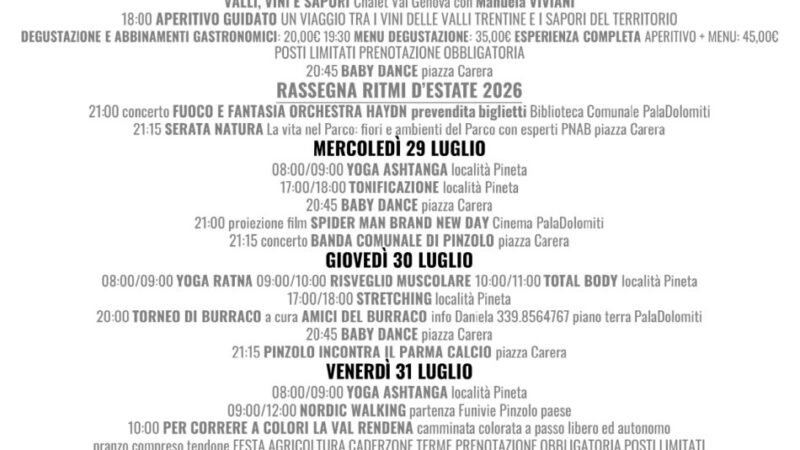 L’estate è Pinzolo: Programma Pro Loco dal 27 luglio al 2 agosto 2026