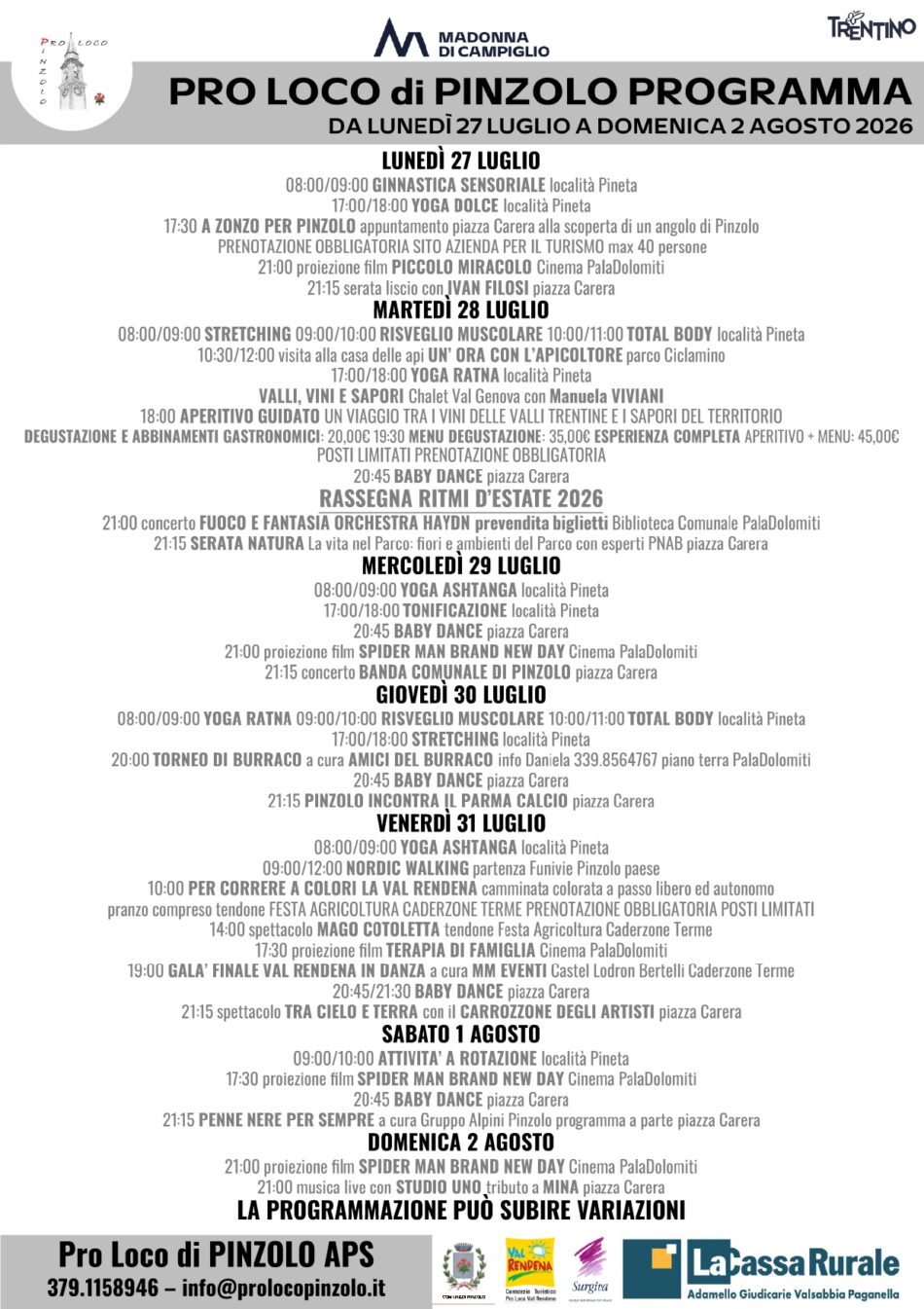 L’estate è Pinzolo: Programma Pro Loco dal 27 luglio al 2 agosto 2026