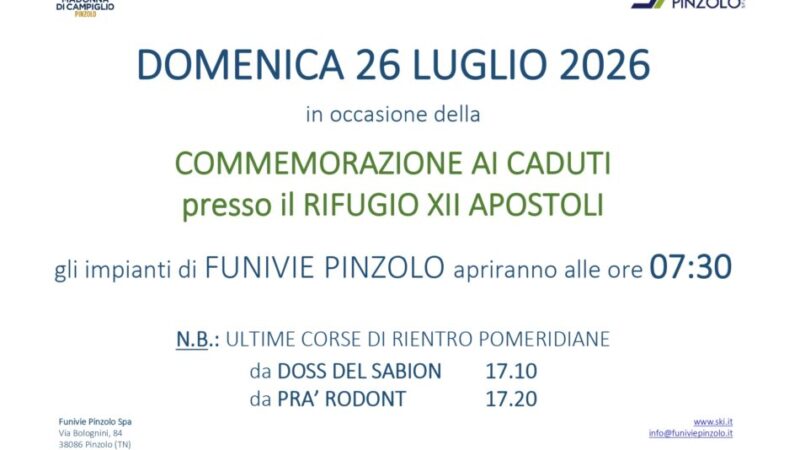 Apertura anticipata impianti – Commemorazione ai Caduti XII Apostoli 26.07.2026