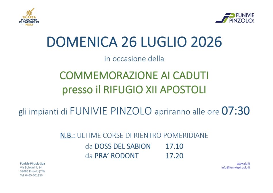Apertura anticipata impianti – Commemorazione ai Caduti XII Apostoli 26.07.2026