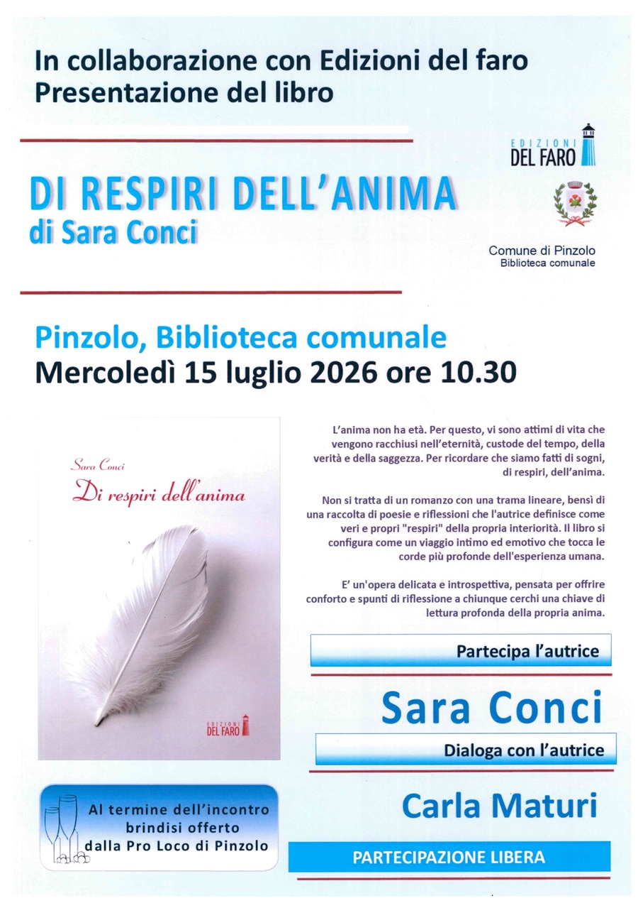 Biblioteca di Pinzolo Mercoledì 15 luglio ore 10.30 “Di respiri dell’anima” di Sara Conci