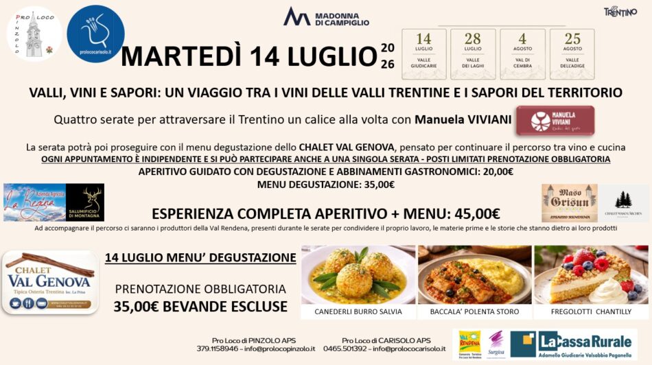 Valli, Vini e Sapori: un viaggio tra i vini della Valli Trentine e i sapori del Trentino: 14 e 28 luglio – 4 e 25 agosto 2026