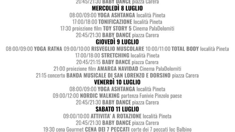 L’estate è Pinzolo: Programmazione Pro Loco Settimana dal 6 al 12 luglio 2026
