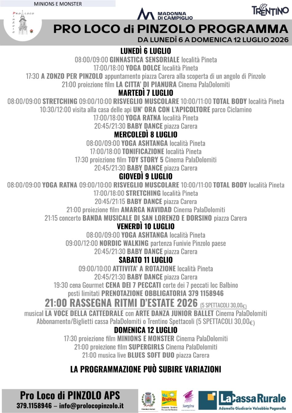 L’estate è Pinzolo: Programmazione Pro Loco Settimana dal 6 al 12 luglio 2026