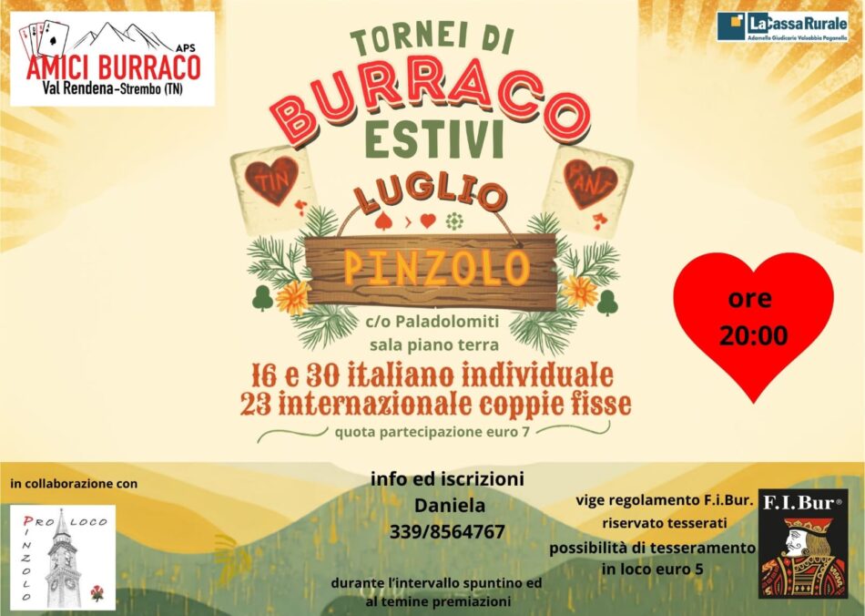 Pinzolo Torneo di Burraco 16 luglio ore 20 Paladolomiti