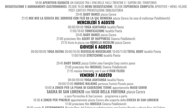 L’estate è Pinzolo: Programma Pro Loco dal 3 al 9 agosto 2026