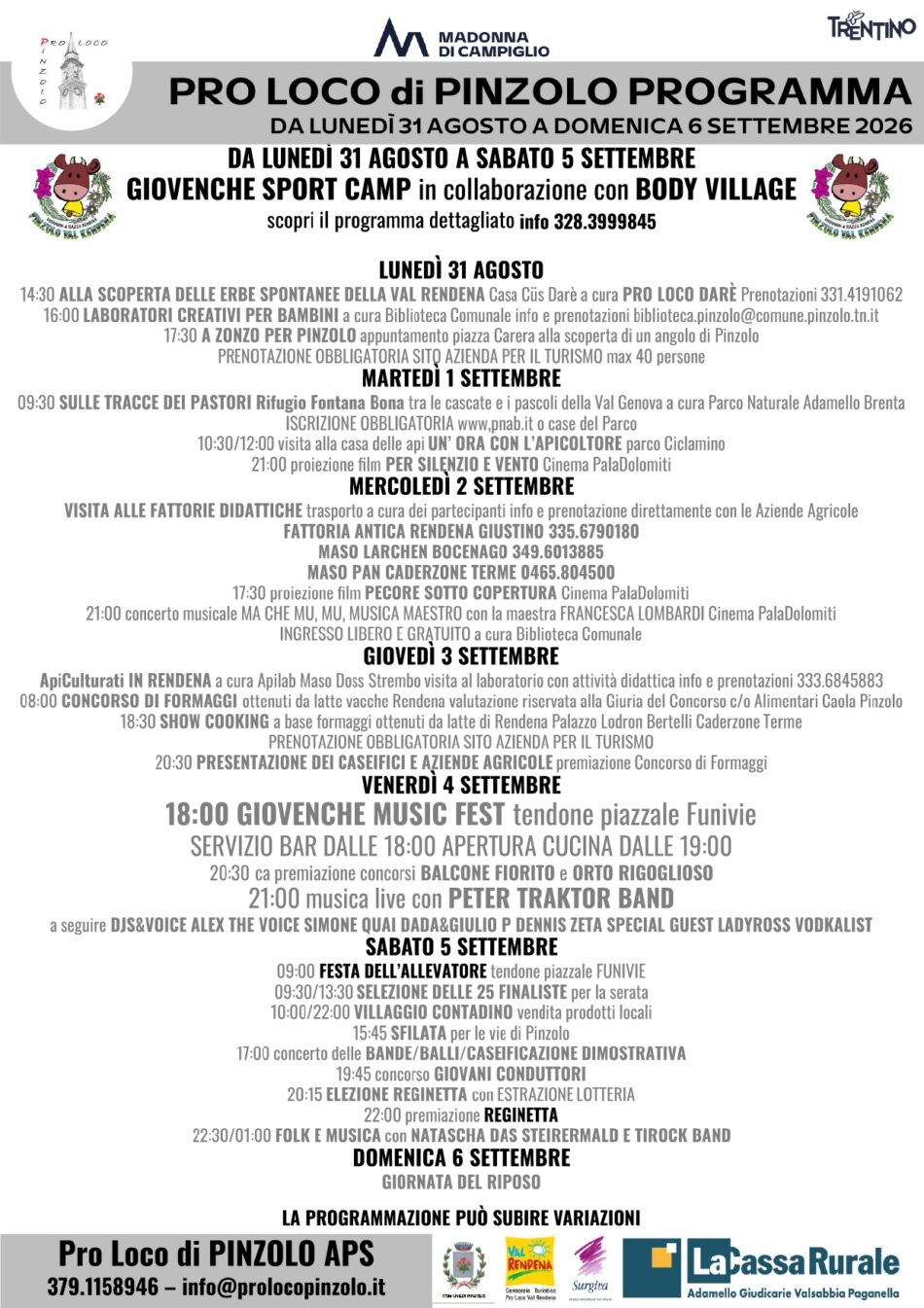 L’estate e Pinzolo: Manifestazioni dal 31 agosto al 6 settenbre