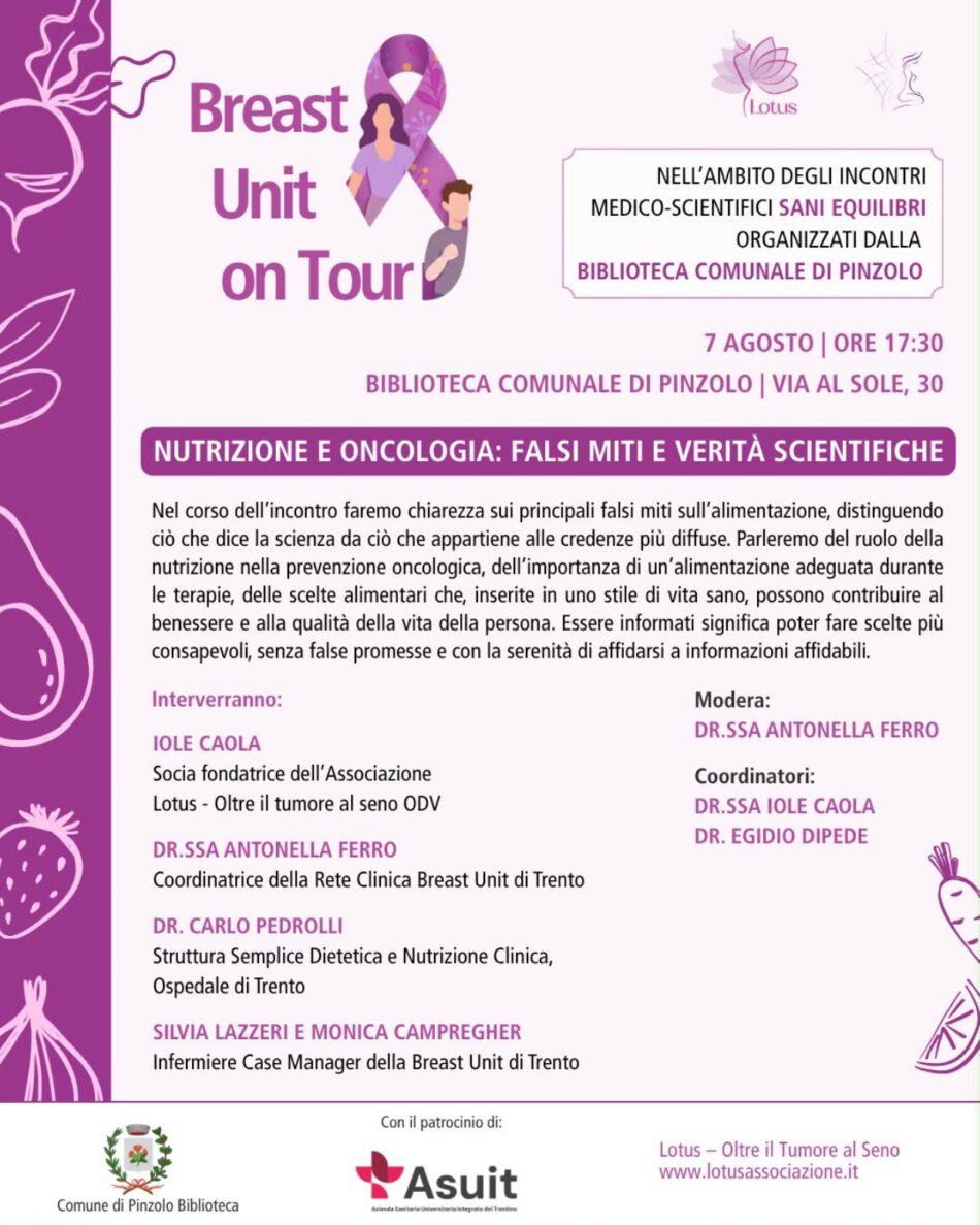 Biblioteca Pinzolo Venerdì 7 agosto ore 17.30 “NUTRIZIONE E ONCOLOGIA: falsi miti e verità scientifiche”