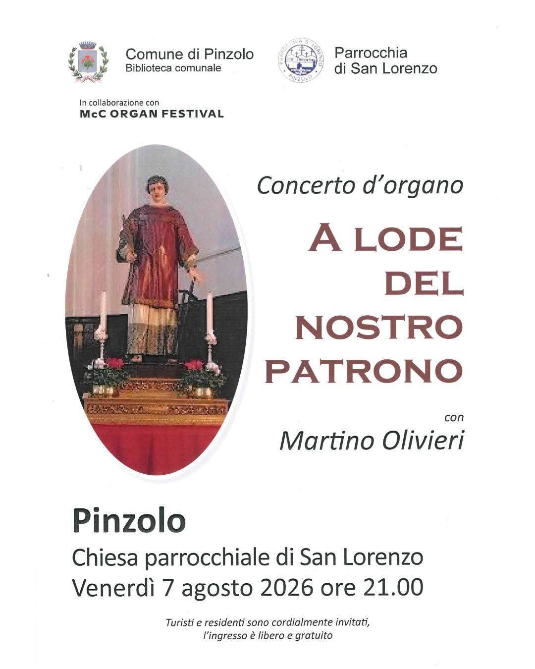 Pinzolo Venerdì 7 agosto ore 21 Concerto d’organo “A lode del Nostro Patrono”