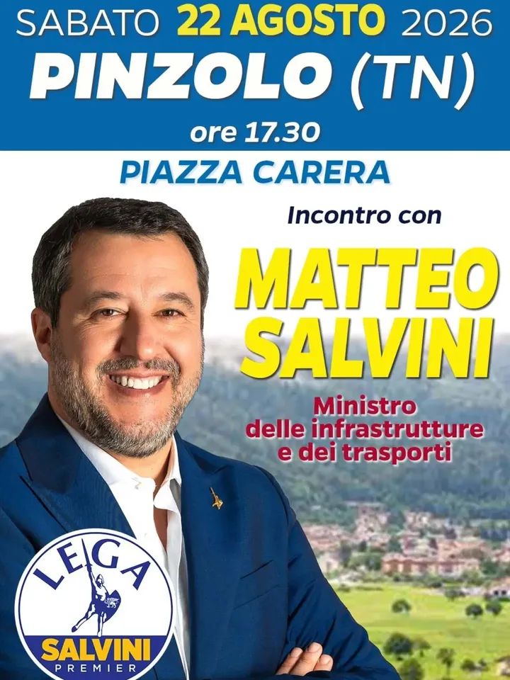Pinzolo Sabato 22 agosto ore 17.30 “Incontro con Matteo Salvini” in piazza Carera