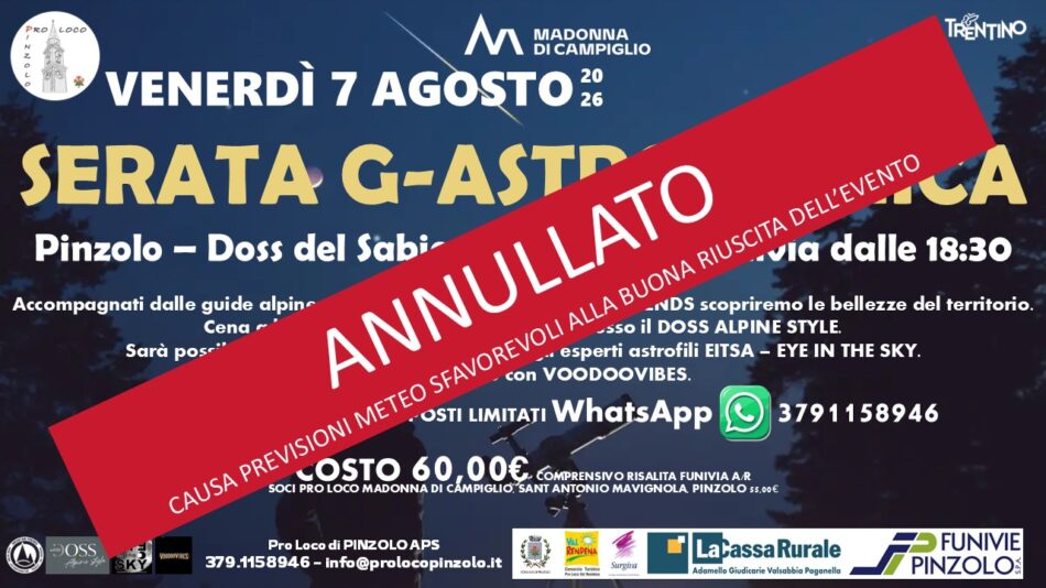SERATA G-ASTRONOMICA Venerdì 7 agosto: EVENTO ANNULLATO