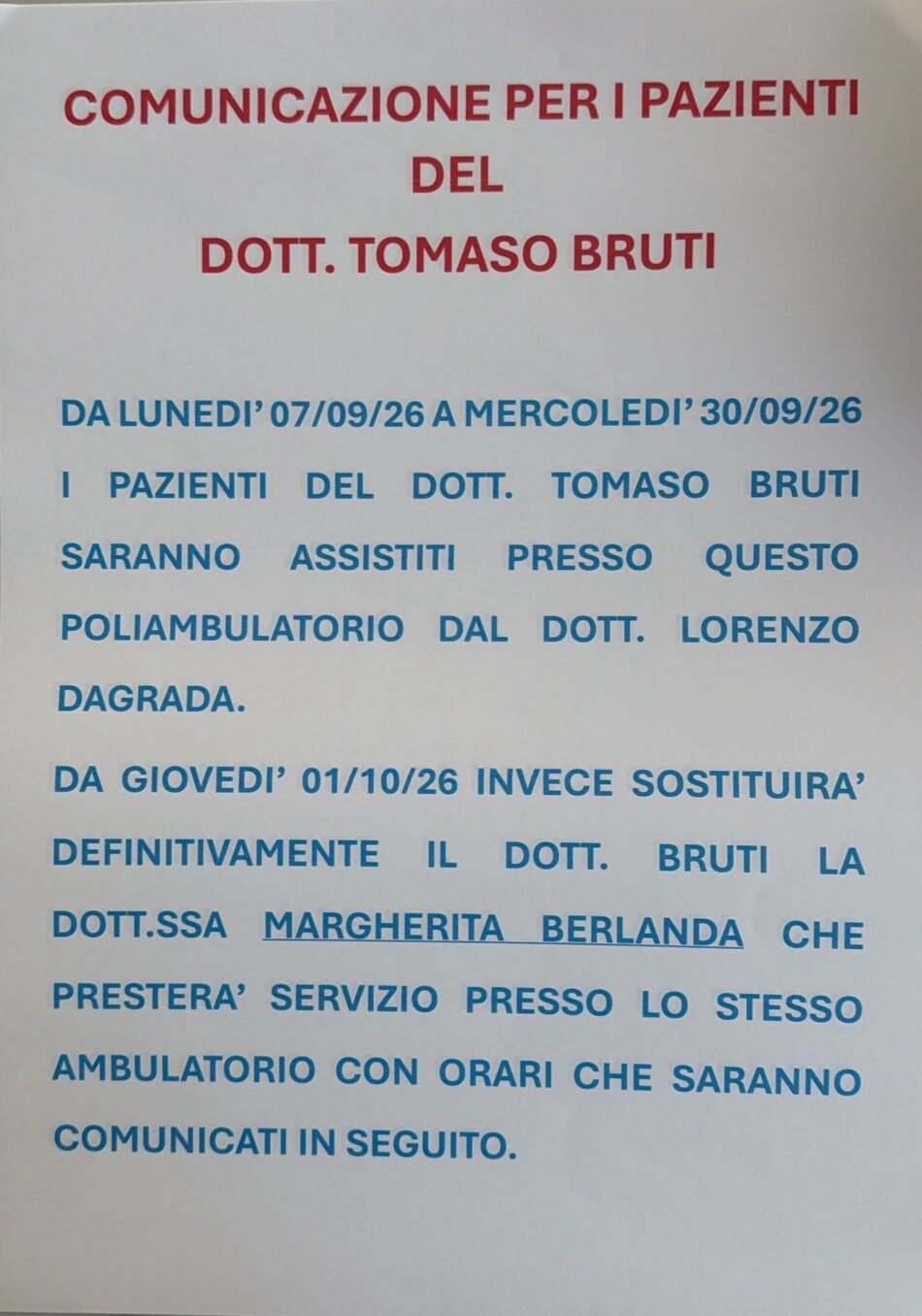 Comunicazione per i pazienti del Dott. Tomaso Bruti