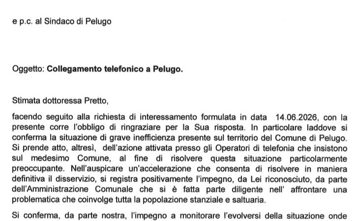 Risposta di Mauro Ferrari alla lettera pervenuta dalla Provincia in merito alla situazione della telefonia a Pelugo