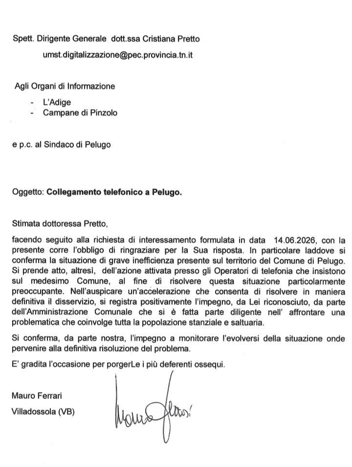 Risposta di Mauro Ferrari alla lettera pervenuta dalla Provincia in merito alla situazione della telefonia a Pelugo