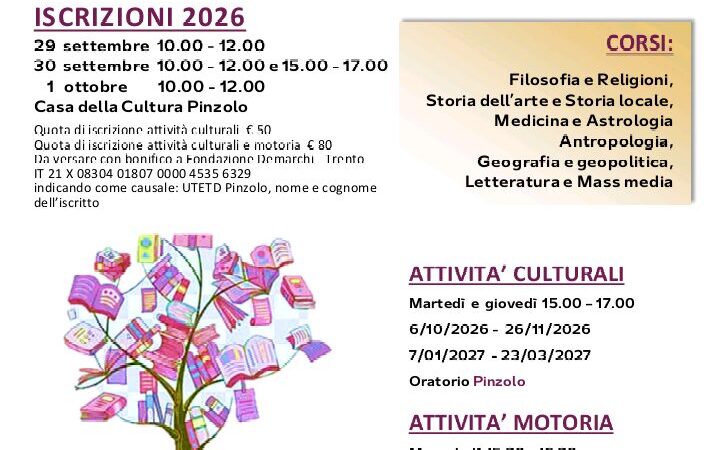 UNIVERSITA’ DELLA TERZA ETA’ E DEL TEMPO DISPONIBILE DI PINZOLO: SI RIPARTE! DAL 29 SETTEMBRE AL VIA LE ISCRIZIONI