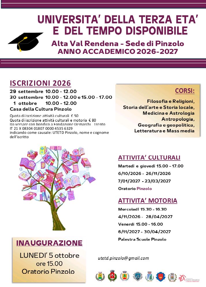 UNIVERSITA’ DELLA TERZA ETA’ E DEL TEMPO DISPONIBILE DI PINZOLO: SI RIPARTE! DAL 29 SETTEMBRE AL VIA LE ISCRIZIONI