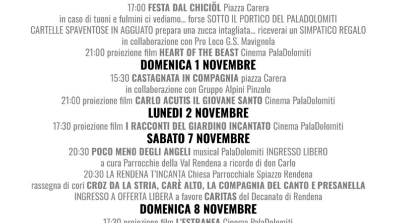 Programma Pro Loco Pinzolo: dal 24 ottobre al 22 novembre 2026