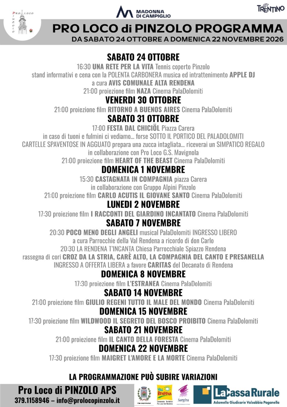 Programma Pro Loco Pinzolo: dal 24 ottobre al 22 novembre 2026