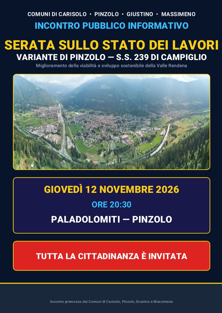 Pinzolo Paladolomiti Giovedì 12 novembre ore 20.30 “Serata sullo stato dei lavori”